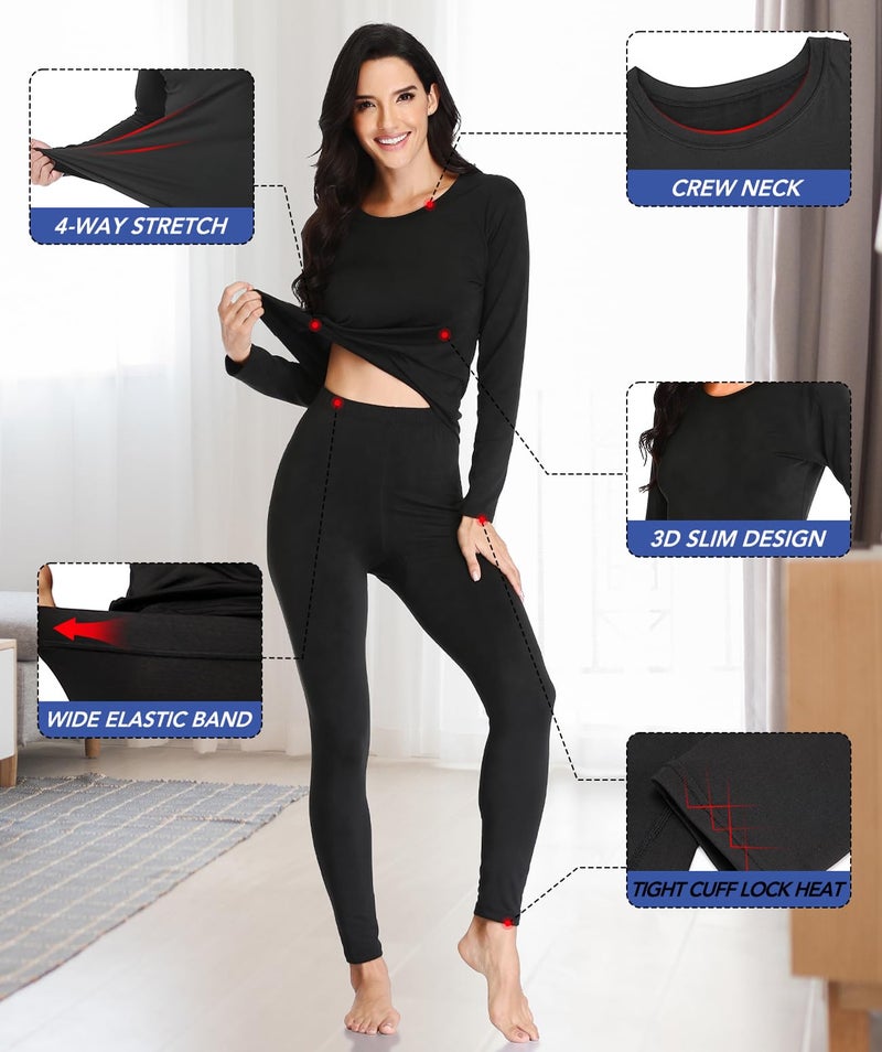 TEEPIRE Women 's Thermal Underwear Set with Lightweight Ultra Soft Fleece Lined,Long John Set, Moisture-Wicking Skiing Base Layer (Medium) Black - Image 3